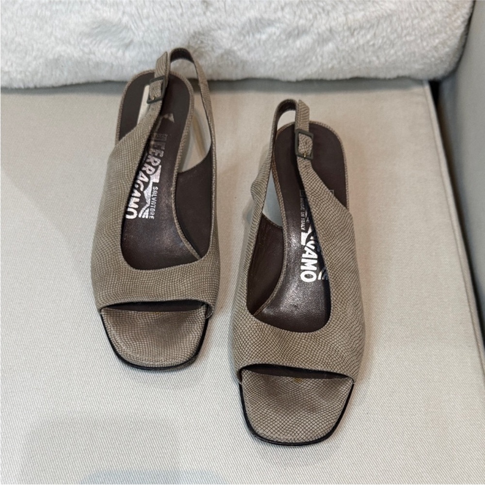 Salvatore Ferragamo Taupe Textured Slingback Heels